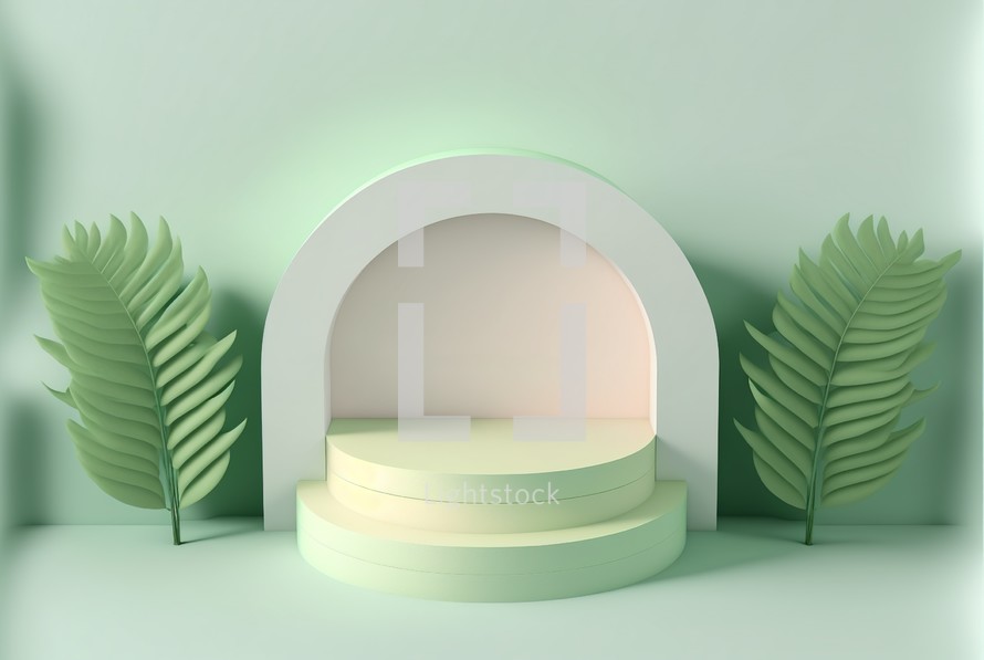 3d leaf podium on soft green background for product display and presentation