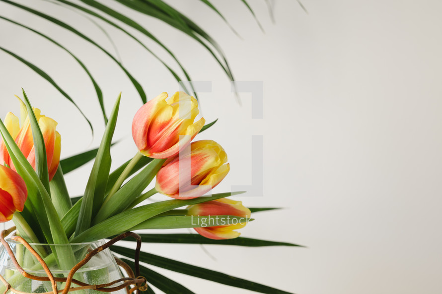 vase of tulips and palm fronds 