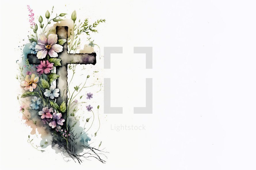 Watercolor Painting of Cross with Spring Flowers with Copy Space