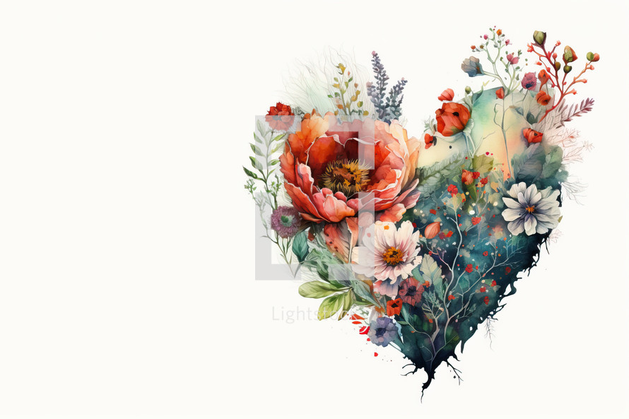 Watercolor Art of Heart with Flower in White Background