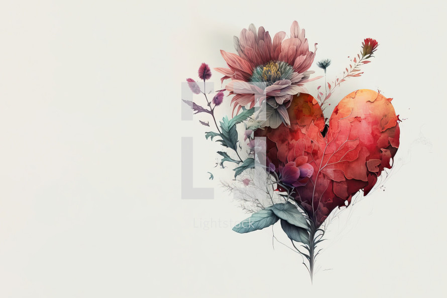 Watercolor Art of Red Heart with Flower in White Background