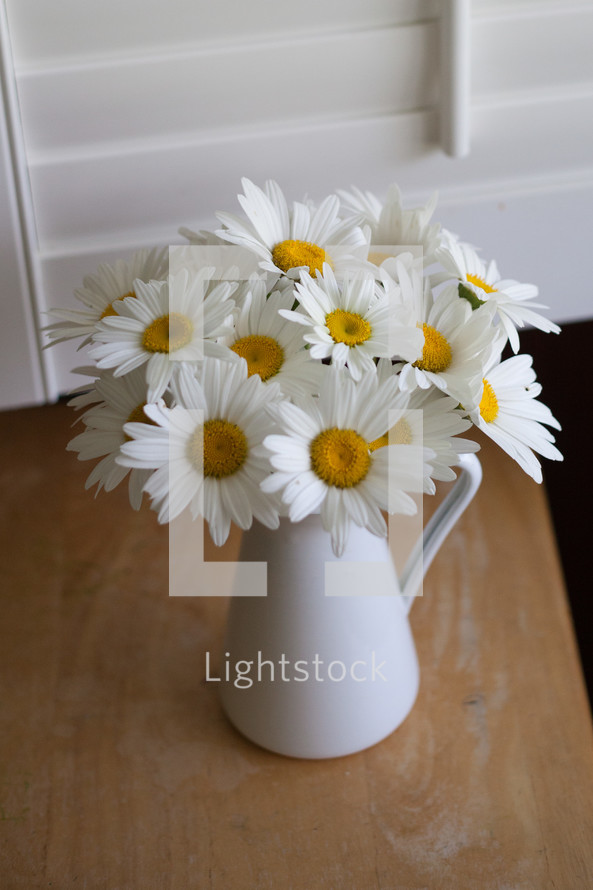 white daisies in a pitcher 
