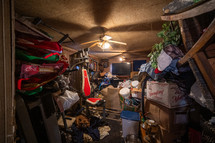 Hoarder's home, piles of things, messy consumerism. 