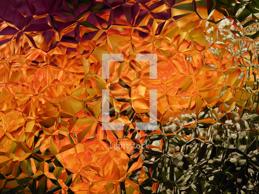 faceted glass effect, abstract, baby's breath flowers, orange roses, geometric design