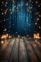 Wooden floor in the forest with burning candles and snowflakes
