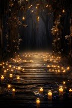 Candles in the dark forest at night. 3D rendering.