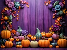 Autumn background with pumpkins and flowers on purple wooden planks