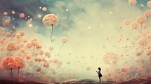 Surreal image of small girl and pink dandelion puffs
