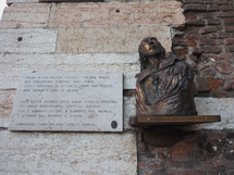 VERONA, ITALY - CIRCA MARCH 2019: William Shakespeare bronze bust statue in Verona, the city of Romeo and Juliet