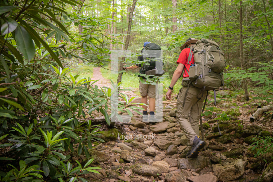 Two men backpacking and hiking through a forest 