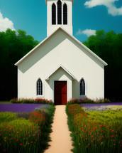 AI illustration of a church building in a field of flowers