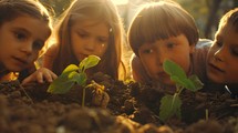 Children Watching The Growth Of Green Plants 
