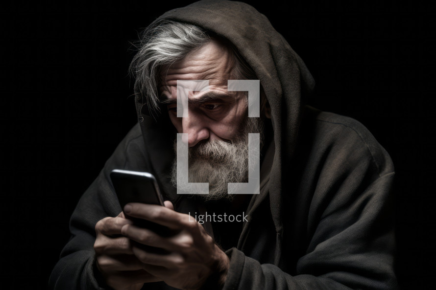 A sad-looking man with his phone