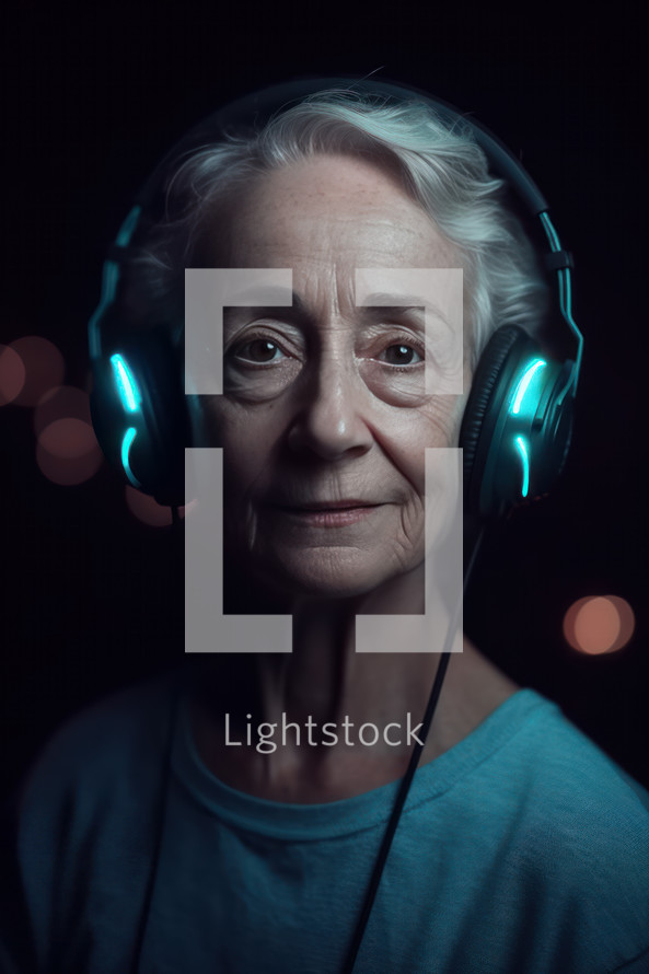 Old grey-haired friendly looking woman wearing glowing modern headphones