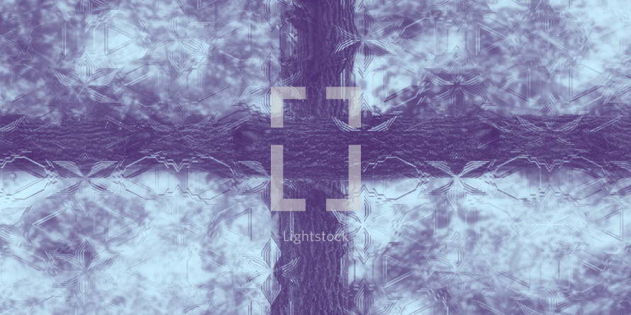 purple cross plus pale blue behind patterned glass 