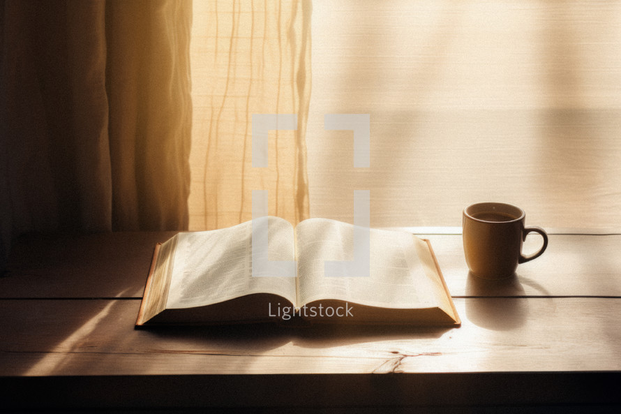 Bible and coffee mug on rustic wood table near window with warm sunlight flowing in.