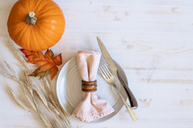 plate and orange pumpkin on a white wood background 