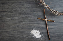 ashes, cross of sticks, and crown of thorns 