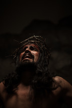 The suffering of Christ -- Jesus crying in pain while wearing His crown of thorns.