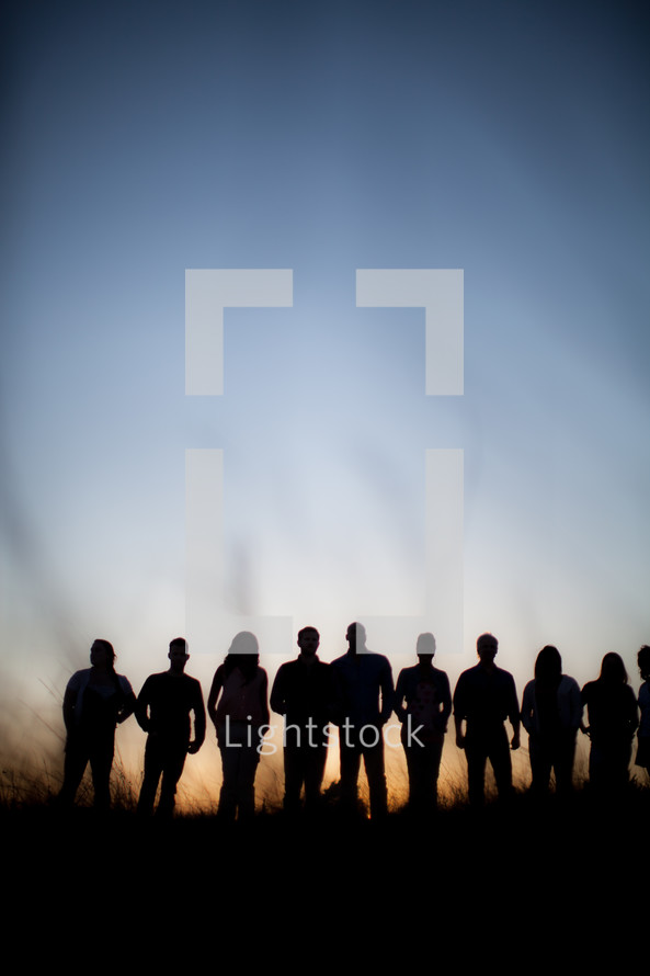 silhouettes, group, people, row, standing, field, outdoors, team, man, woman
