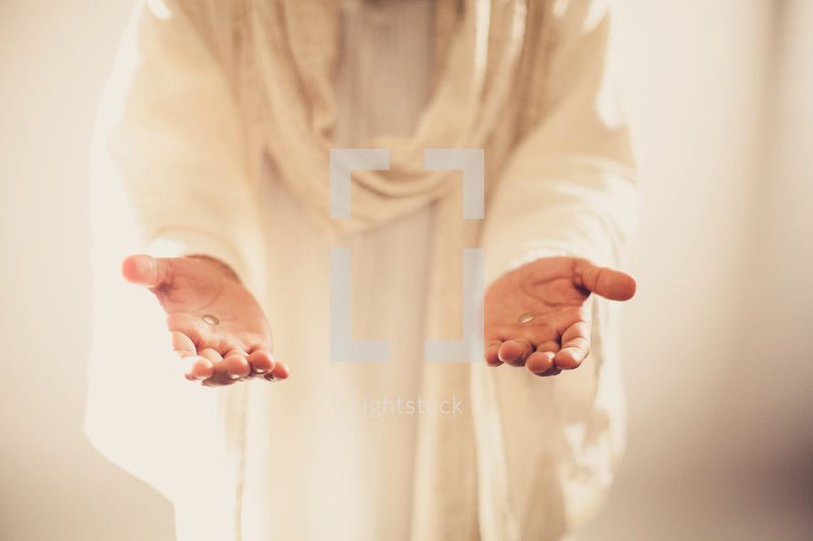 The resurrected Christ -- Jesus extending His hands as an invitation to follow Him.
