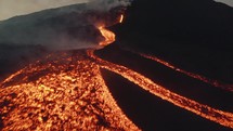 Drone Aerial view of lava flows erupting from Pacaya volcano in Guatemala	