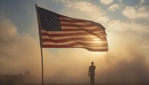 American flag waving in the wind with a silhouette of a man in a suit.