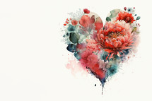 Watercolor Art of Red Heart with Flower in White Background