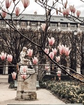 statue and blooming tree in Paris in spring 