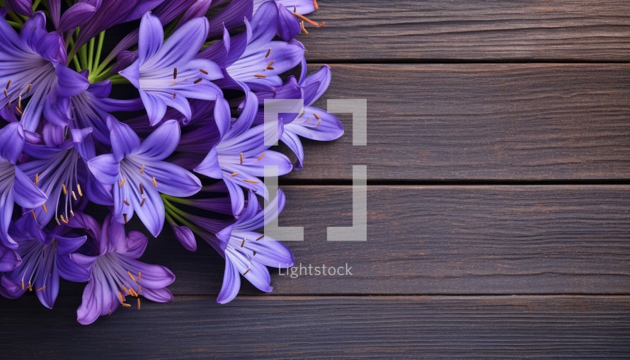 Beautiful purple flowers on wooden background. Top view with copy space