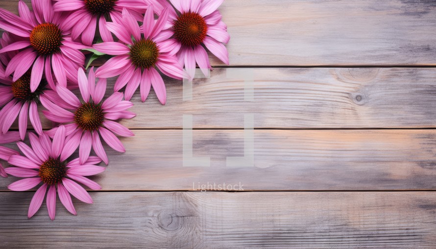 Pink echinacea flowers on wooden background. Top view with copy space