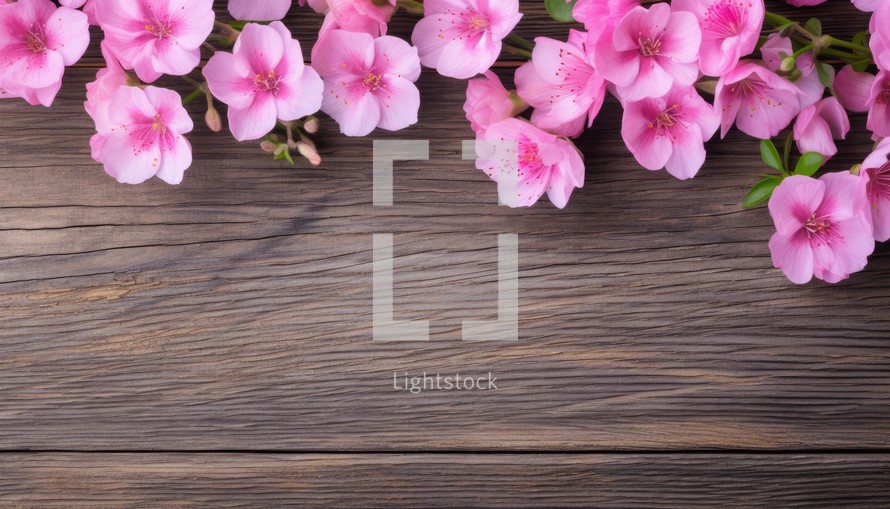 Pink cherry blossoms on wooden background. Copy space for text.