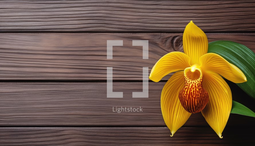 Yellow orchid on brown wooden background. Top view with copy space