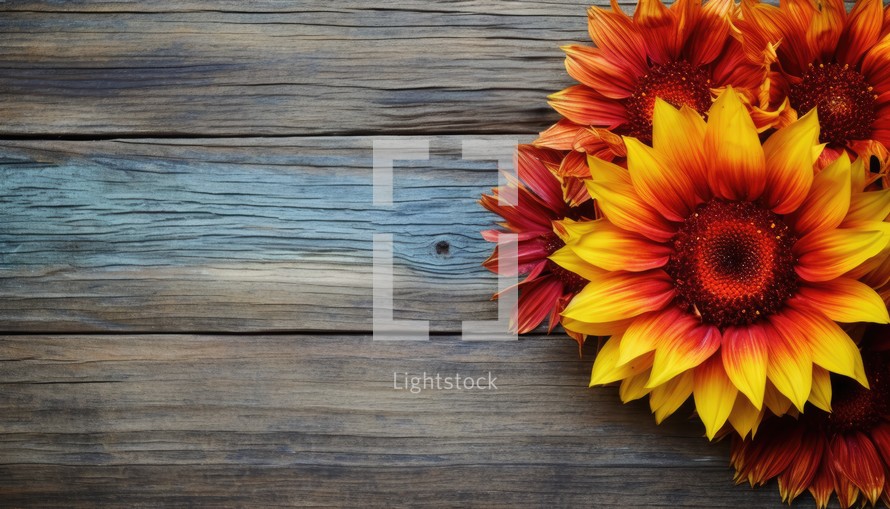 Bouquet of bright orange and yellow sunflowers on wooden background