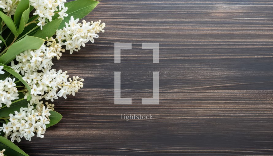 White hyacinth flowers on wooden background. Top view with copy space