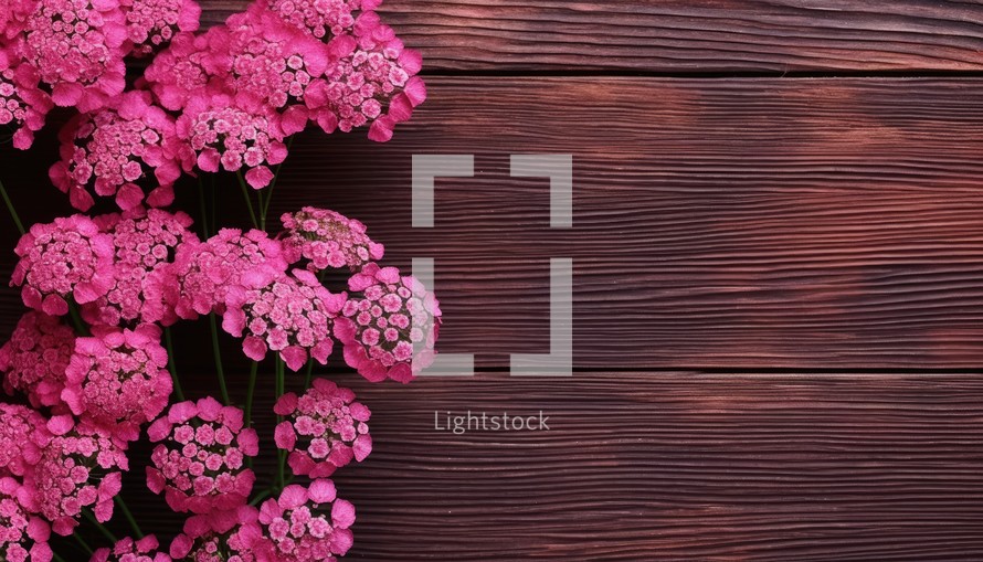 Pink yarrow flowers on wooden background. Top view with copy space