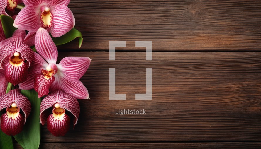 Beautiful orchid flowers on wooden background, top view. Space for text
