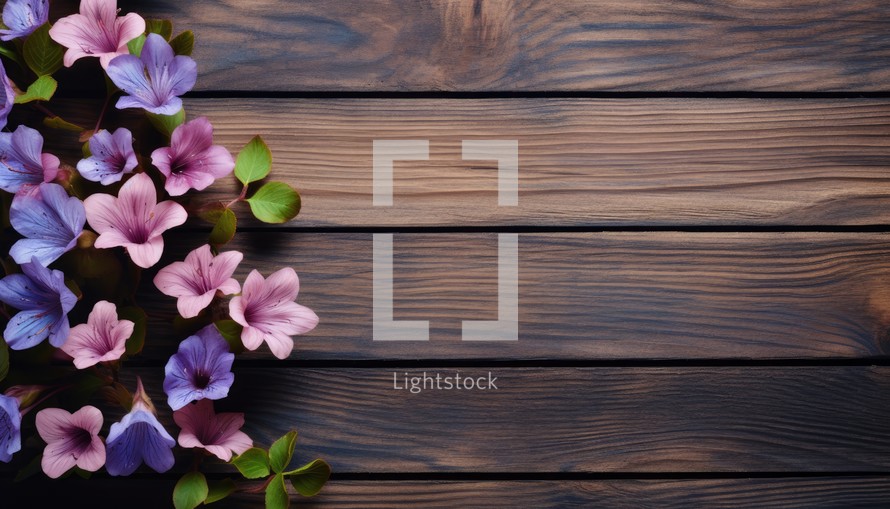 Beautiful flowers on wooden background. Top view with copy space.