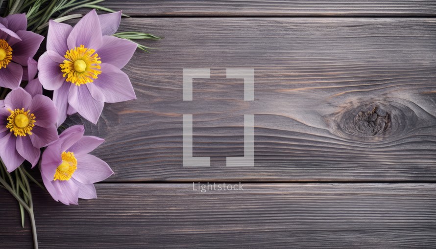 Beautiful spring crocus flowers on wooden background. Space for text