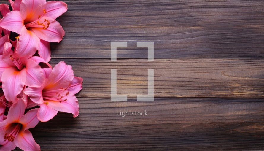 Pink lily flowers on wooden background. Top view with copy space