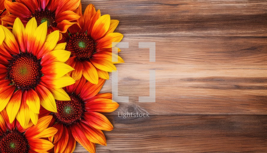 Red and orange sunflowers on wooden background. Top view with copy space
