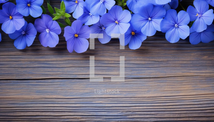 Blue pansy flowers on wooden background. Top view with copy space
