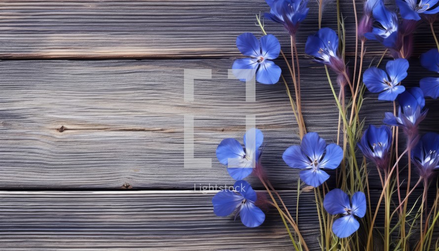 Flax flowers on a wooden background. Place for your text.