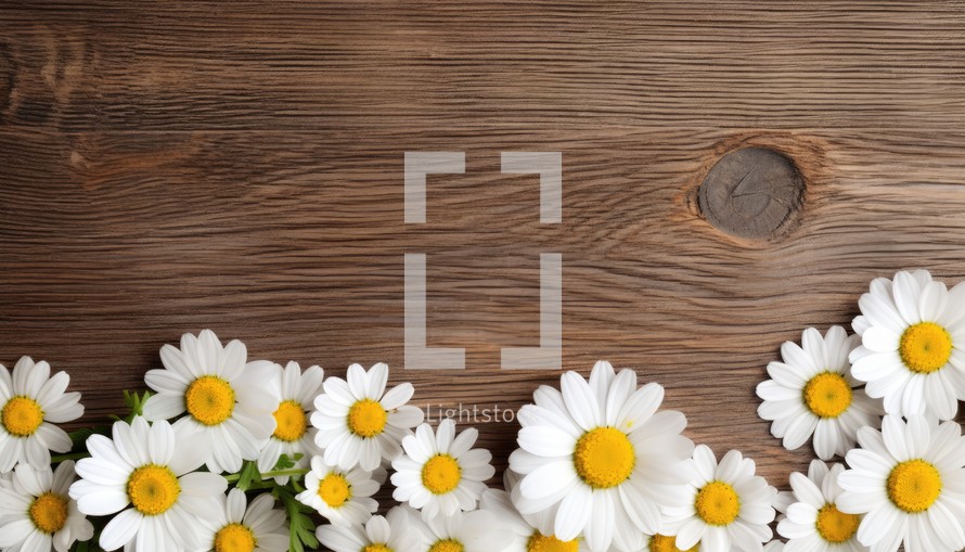 Chamomile flowers on wooden background. Top view with copy space