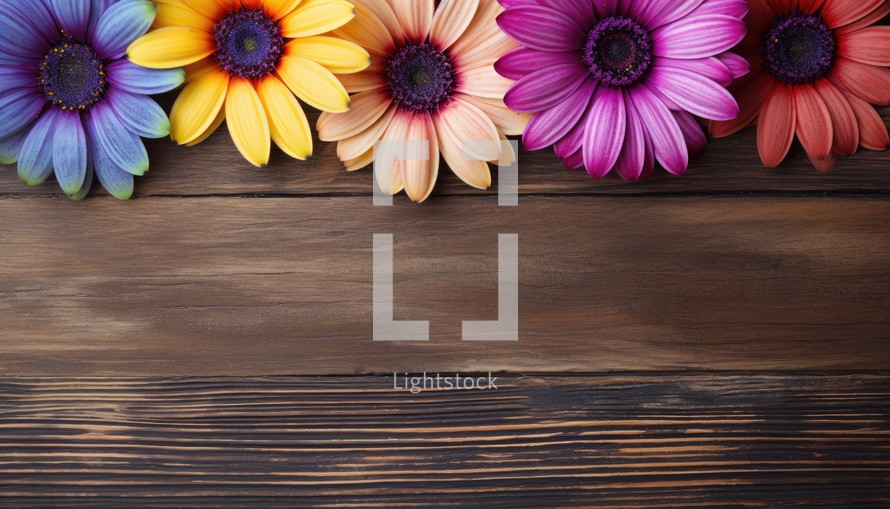 Colorful daisy flowers on wooden background. Top view with copy space