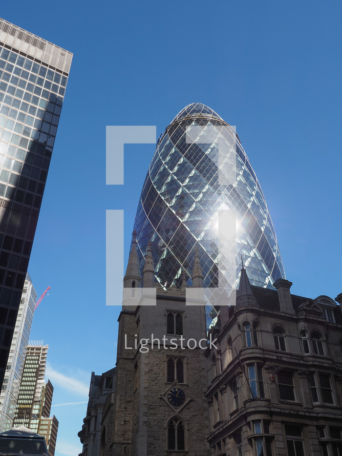 LONDON, UK - CIRCA SEPTEMBER 2019: 30 St Mary Axe skyscraper designed by Lord Norman Foster