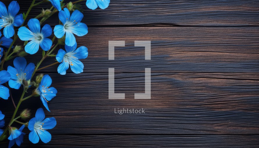 Blue flowers on a dark wooden background. Place for your text.
