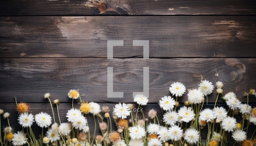 White daisies on a wooden background with space for text.