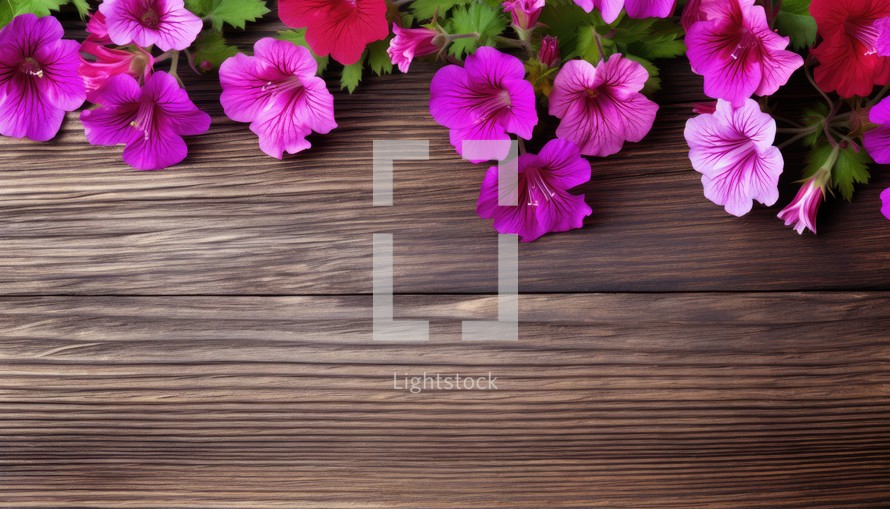 Geranium flowers on a wooden background. Place for your text.