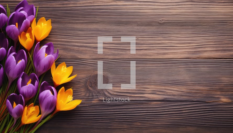 Beautiful crocus flowers on wooden background. Top view with copy space